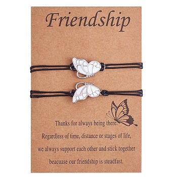 2Pcs White Brass Enamel Butterfly Link Bracelets Set, Adjustable Couple Bracelets for Lovers Best Friends, Platinum, 4-3/4~10-1/4 inch(12cm)