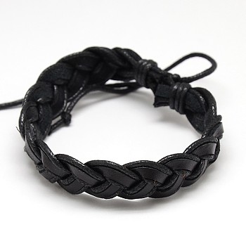 Trendy Unisex Casual Style Braided Waxed Cord and Leather Bracelets, Black, 58mm