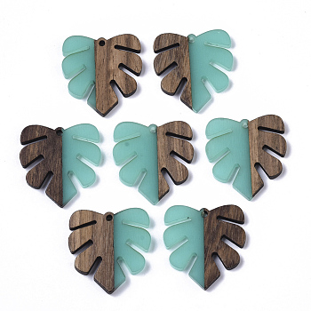 Resin & Walnut Wood Pendants, Tropical Leaf Charms, Monstera Leaf Pendant, Dark Turquoise, 30x28x3.5mm, Hole: 2mm