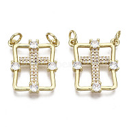 Brass Micro Pave Clear Cubic Zirconia Pendants, with Jump Ring, Nickel Free, Rectangle with Cross, Real 16K Gold Plated, 21x18x3mm, Jump Ring: 5x1mm, 3mm inner diameter(ZIRC-N039-108-NF)