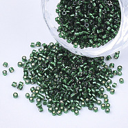 Glass Cylinder Beads, Seed Beads, Silver Lined, Round Hole, Dark Green, 1.5~2x1~2mm, Hole: 0.8mm, about 8000pcs/bag, about 85~95g/bag(SEED-Q036-01A-A03)