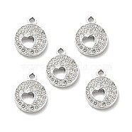 Alloy Rhinestone Pendants, Platinum Tone Flat Round with Hollow Out Heart Charms, Crystal, 18x14x2.8mm, Hole: 2mm(ALRI-C007-26P)