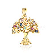 Brass Micro Pave Cubic Zirconia Pendants, Tree of Life Charms, Real 18K Gold Plated, 23x21x3.1mm(ZIRC-OY001-49G)