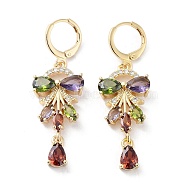 Bowknot Rack Plating Golden Brass Dangle Leverback Earrings, with Cubic Zirconia for Women, Colorful, 46x15mm(EJEW-A030-05G-02)
