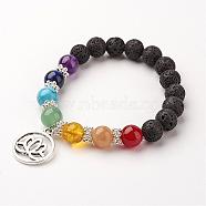 Gemstone Bead Charm Bracelets, Chakra Stretch Bracelets, with Alloy Findings, Ring with Lotus, Colorful, 58mm(2-1/4 inch)(BJEW-JB02600-03)