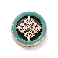 Zinc Alloy Beads, with Enamel, Antique Silver, Flat Round with Cross, Dark Cyan, 15.5x6.5mm, Hole: 2.3mm(FIND-Q093-01AS-01)