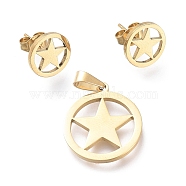 304 Stainless Steel Jewelry Sets, Pendants and Stud Earrings, with Ear Nuts, Ring with Star, Golden, 20x17.5x1mm, Hole: 5x3.2mm; 10.3mm, Pin: 0.7mm(SJEW-K154-27G)