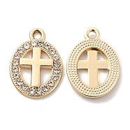 UV Plating Alloy Pendants, with Crystal Rhinestone, Oval with Cross Charms, Golden, 20x15.5x2mm, Hole: 2mm(ALRI-M020-14G)