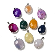 Natural Agate Dyed Pendants, Brass Faceted Oval Charms, Platinum, Mixed Color, 32x23.5x11.5mm, Hole: 7.6x3.8mm(G-M415-02P)