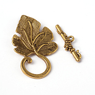 Tibetan Silver Toggle Clasps, Lead Free and Cadmium Free, Leaf, Antique Golden, Leaf: about 22mm wide, 37.5mm long, Bar: about 25mm hole: 1.5mm(X-GLF5108Y)