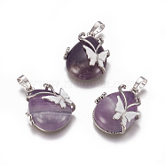 Natural Amethyst Pendants, with Enamel and Brass Findings, teardrop, with Butterfly, Platinum, 30x23.5x12mm, Hole: 10x6mm(X-G-K296-B08)