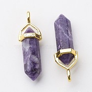 Natural Charoite Pointed Pendants, with Random Alloy Pendant Hexagon Bead Cap Bails, Golden, Bullet, 37~40x12.5x10mm, Hole: 3x4.5mm(X-G-G902-A03)