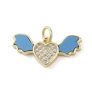 Dyed Synthetic Turquoise Pendants, Brass Micro Pave Clear Cubic Zirconia Heart with Wings Charms, Real 18K Gold Plated, Deep Sky Blue, 10x20.5x2.5mm, Hole: 2.7mm(KK-Q813-09A-01)