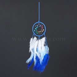 Synthetic & Natural Mixed Stone Pendant Decorations, with Cotton Thread, Woven Net/Web with Feather, Blue, 490mm(AJEW-I059-11E)