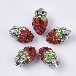 Polymer Clay Rhinestone Pendants, with Platinum Tone Iron Loop, Strawberry, Light Siam, PP12(1.8~1.9mm), 16x10mm, Hole: 1.8mm(X-RB-T016-01E)