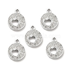 Alloy Rhinestone Pendants, Platinum Tone Flat Round with Hollow Out Heart Charms, Crystal, 18x14x2.8mm, Hole: 2mm(ALRI-C007-26P)
