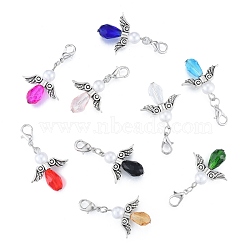 Alloy & Crystal Angel Pendant Decoration, with CCB Imitation Pearl Beads, Lobster Clasp Charms, Clip-on Charms, for Keychain, Purse, Backpack Ornament, Stitch Marker, Mixed Color, 4cm, 1pc/color, 9 colors, 9pcs/bag(KEYC-B014-01)