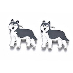 Rack Plating Alloy Enamel Dog Pendants, Lead Free & Nickel Free & Cadmium Free, Platinum, Huskie, Gray, 25x23x2mm, Hole: 1.8mm(X-PALLOY-T075-157A)