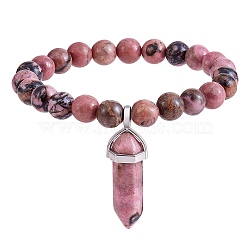 Natural Rhodochrosite Stretch Bracelet with Bullet Shape Charm, Gemstone Jewelry for Women, Inner Diameter: 2-1/8 inch(5.4cm)(BJEW-SZ0002-56A)