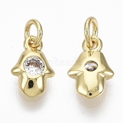 Brass Micro Pave Cubic Zirconia Charms, with Jump Ring, Nickel Free, Hamsa Hand/Hand of Fatima/Hand of Miriam, Clear, Real 18K Gold Plated, 9x6x2mm, Hole: 2mm(ZIRC-R109-042-NF)