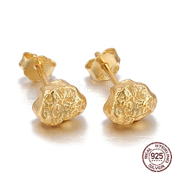925 Sterling Silver Stud Earrings, with Ear Nuts, Textured, Nuggets, Golden, 6.5x5.5x5mm, Pin: 0.8mm(EJEW-F265-02G)