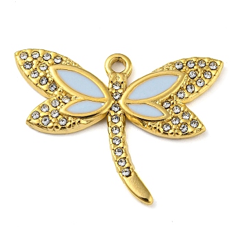 Ion Plating(IP) Real 18K Gold Plated 304 Stainless Steel Rhinestone Pendants, with Enamel, Dragonfly Charms, Azure, 21x27.5x2mm, Hole: 1.7mm