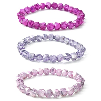 Star Cut Round Glass Bead Stretch Bracelets for Women, Mixed Color, Inner Diameter: 2~2-1/8 inch(5~5.3cm), 3pcs/set