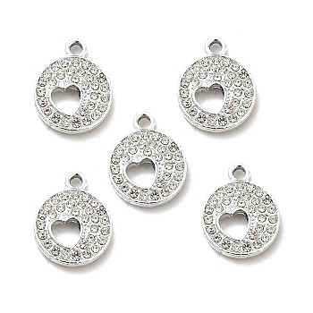 Alloy Rhinestone Pendants, Platinum Tone Flat Round with Hollow Out Heart Charms, Crystal, 18x14x2.8mm, Hole: 2mm