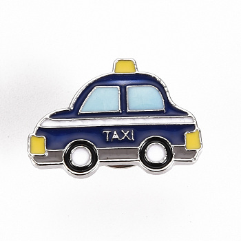 Alloy Enamel Brooches, Enamel Pins, with Brass Butterfly Clutches, Taxi, Cadmium Free & Nickel Free & Lead Free, Platinum, Prussian Blue, 5/8x1 inch(17x24mm), Pin: 1mm