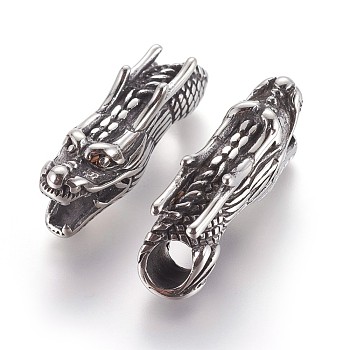 304 Stainless Steel Tube Beads, Dragon Head, Antique Silver, 38x11x14mm, Hole: 7mm