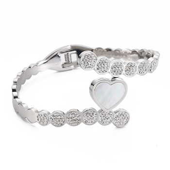 Natural Shell Heart Open Cuff Bangle, Stainless Steel Hinged Bangle with Polymer Clay Rhinestone for Women, Stainless Steel Color, Inner Diameter: 1-7/8x2-3/8 inch(4.8x6.1cm)