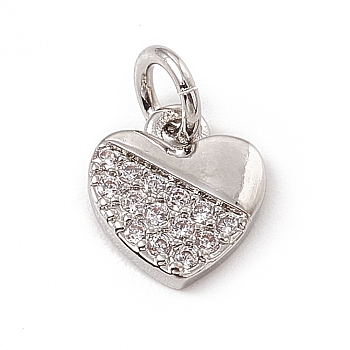 Brass Micro Pave Clear Cubic Zirconia Heart Charms, with Open Jump Rings, Platinum, 8.5x7.5x1.5mm, Jump Ring: 4.5x0.7mm, Inner Diameter: 3mm 