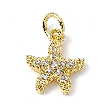 Brass Micro Pave Cubic Zirconia Charms, with Jump Rings, Starfish Charms, Real 18K Gold Plated, 13.5x10.5x2mm, Hole: 3.4mm