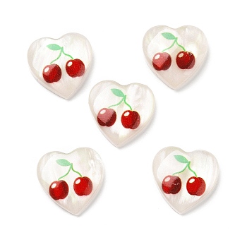 Printed Opaque Resin Cabochons, Heart, White and Dark Red, Cherry Pattern, 16x16x4mm