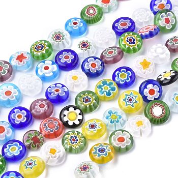 Flat Round Handmade Millefiori Glass Beads, Mixed Color, 12x5mm, Hole: 1mm, about 32pcs/strand, 14.1 inch