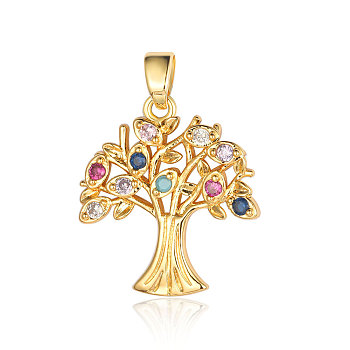Brass Micro Pave Cubic Zirconia Pendants, Tree of Life Charms, Real 18K Gold Plated, 23x21x3.1mm
