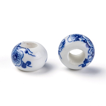 Handmade Porcelain European Beads, Large Hole Beads, Rondelle, No Metal Core, White, about 13mm in diameter, 8.5mm thick, hole: 5mm