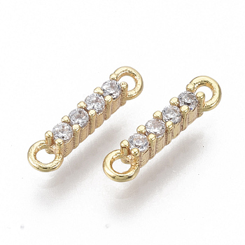 Brass Micro Pave Cubic Zirconia Links connectors, Nickel Free, Rectangle, Clear, Real 18K Gold Plated, 12x2.5x3mm, Hole: 1.2mm