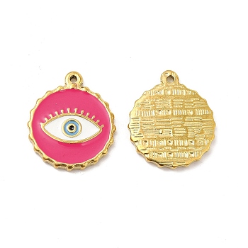 Vacuum Plating 201 Stainless Steel Enamel Pendants, Real 18K Gold Plated, Flat Round with Evil Eye Charm, Hot Pink, 23.5x20x2.5mm, Hole: 1.2mm