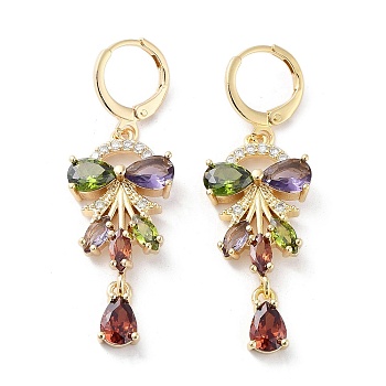Bowknot Rack Plating Golden Brass Dangle Leverback Earrings, with Cubic Zirconia for Women, Colorful, 46x15mm