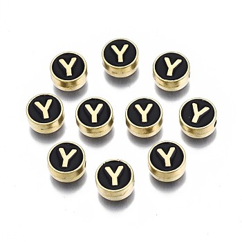 Alloy Enamel Beads, Cadmium Free & Lead Free, Light Gold, Flat Round with Alphabet, Black, Letter.Y, 8x4mm, Hole: 1.5mm