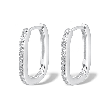 Rhodium Plated 925 Sterling Silver Micro Pave Cubic Zirconia Hoop Earrings for Women, Oval, Platinum, 14x10x1.5mm