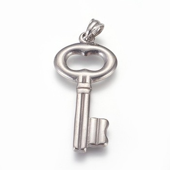 304 Stainless Steel Big Pendants, Key, Stainless Steel Color, 49x23x3mm, Hole: 5x6.5mm
