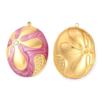 Enamel Pendants, with 304 Stainless Steel Rhinestone Finding, Real 18K Gold Plated, Oval with Flower Charm, Flamingo, 34x23.5x5.3mm, Hole: 1.4mm