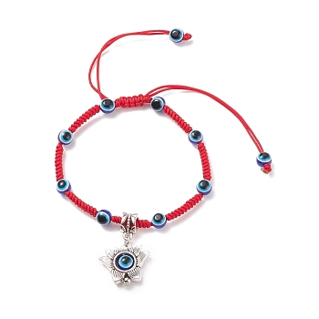 Alloy Lotus Charm Bracelet, Resin Evil Eye Braided Adjustable Bracelet for Women, Red, Inner Diameter: 2-1/8~3-3/4 inch(5.5~9.5cm)