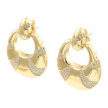 Rack Plating Brass Micro Pave Clear Cubic Zirconia Dangle Stud Earrings, Croissant, Real 16K Gold Plated, 32.5x24.5mm