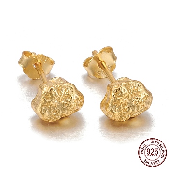 925 Sterling Silver Stud Earrings, with Ear Nuts, Textured, Nuggets, Golden, 6.5x5.5x5mm, Pin: 0.8mm