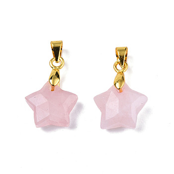 Natural Rose Quartz Charms, with Golden Plated Brass Findings, Faceted Star, Star: 12x12.5x5.5mm, Hole: 3.5x4mm