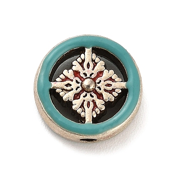 Zinc Alloy Beads, with Enamel, Antique Silver, Flat Round with Cross, Dark Cyan, 15.5x6.5mm, Hole: 2.3mm