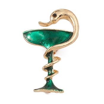 Golden Alloy Enamel Brooch Pin, with Rhinestone, Snake & Goblet, Green, 43.5x26.7x12mm